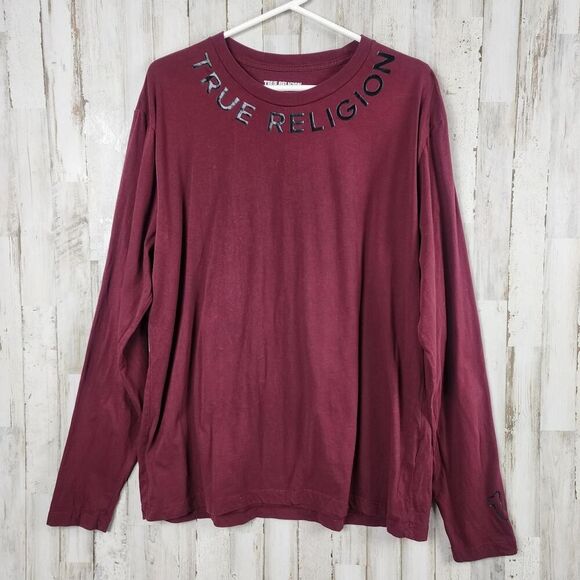 True Religion Long Sleeve Crew Neck Tee Shirt Maroon Size 3XL - Picture 1 of 10